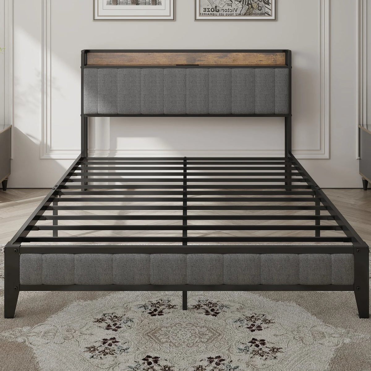 PAPROOS Full Bed Frame with Storage Headboard and Charging Station, Full Size Upholstered Platform Bed, No Box Spring Needed, Gray