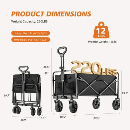 Collapsible Folding Wagon Cart, Camping & Shopping, Heavy Duty Utility Wagon with All-Terrain Wheels - Black（29.10*18.50*35.00inch）