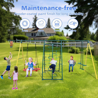 6in1 Swing Set for Outside, Heavy Duty A Frame Metal Swing Set with Glider, Basketball Hoop, Climbing Frame, Climbing Net, Hammock Swing and Belt Swing, Backyard Playground Set for Kids Age 3 12