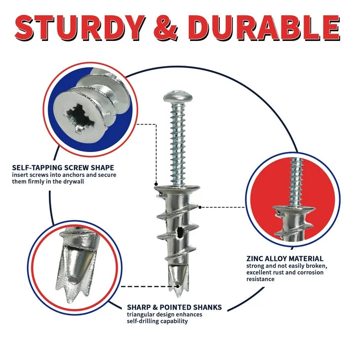 GooBetter Screws and Anchors 100pcs,#8 x 1-1/4" Drywall Anchors,Heavy Drywall Screws with Anchors,50 Pcs Zinc Sheetrock Anchors and 50 Pcs Metal Screws