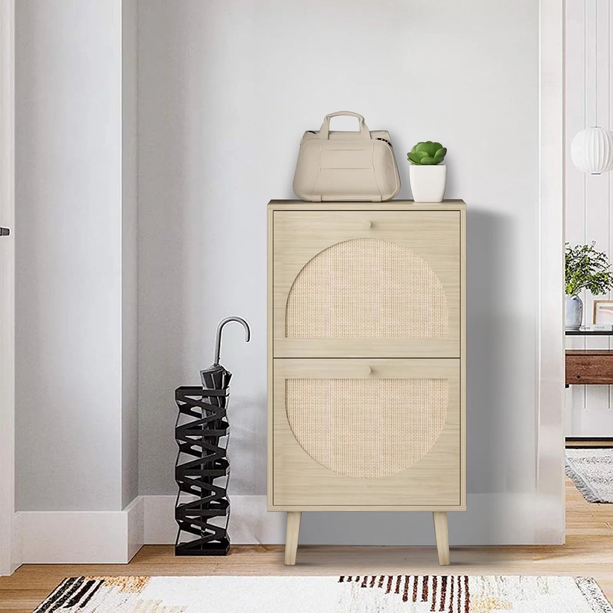 Ktaxon Shoe Storage Cabinet with 2 Flip Drawers, Natural Rattan Entryway Shoe Organizer Rack Wooden for Entryway Hallway, Bedroom, Living Room, Apartment
