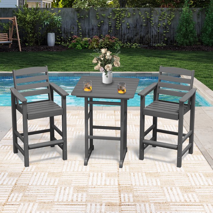 HDPE Outdoor Patio Bar Set, Tall Adirondack Bar Chair and Table Set, Grey