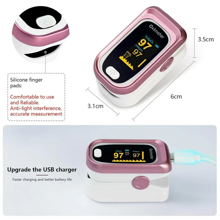 SUWU Rechargeable Pulse Oximeter Fingertip, Accurate Heart Rate Monitor, Oxygen Monitor Fingertip for Sports and Aviation Use,with USB Charging Cable and Lanyard (Rose Gold)