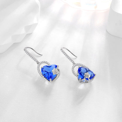 Juwaliy 925 Sterling Silver Earrings Women Heart December Birthstone Hook Dangle Earring Tanzanite Blue Rose Flower Jewelry Mother Birthday Christmas Gift