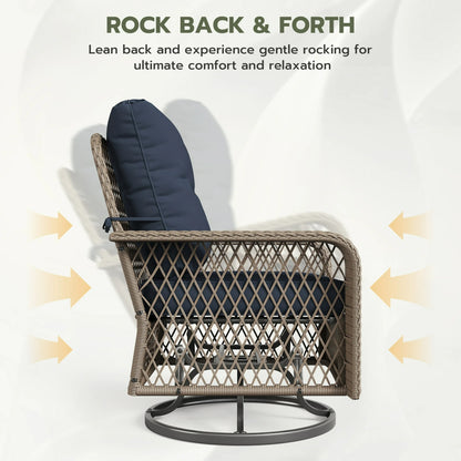 UDPATIO 3 Pieces Patio Furniture Set, Outdoor Swivel Gliders Rocker, Wicker Patio Bistro Set with Rattan Rocking Chair, Glass Top Side Table and Thickened Cushions for Porch Deck Backyard (Blue)