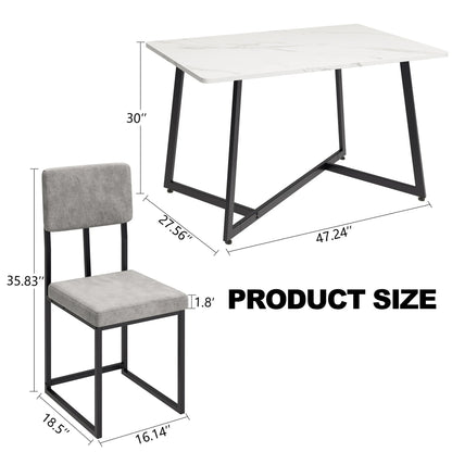 PAPROOS Dining Table Set for 4, 5 Piece Dining Room Table Set with Faux Marble Top and Fabric Upholstery Chairs, Modern Dinette Sets for Breakfast Nook, Kitchen Table and Chairs Set, White&Gray