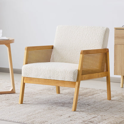 Furniliving Modern Accent Chair, Upholstered Living Room Chair with Rattan Armrest, Reading Leisure Chair, Comfy Arm Chair for Living Room, Bedroom, and Office. (Ivory White)