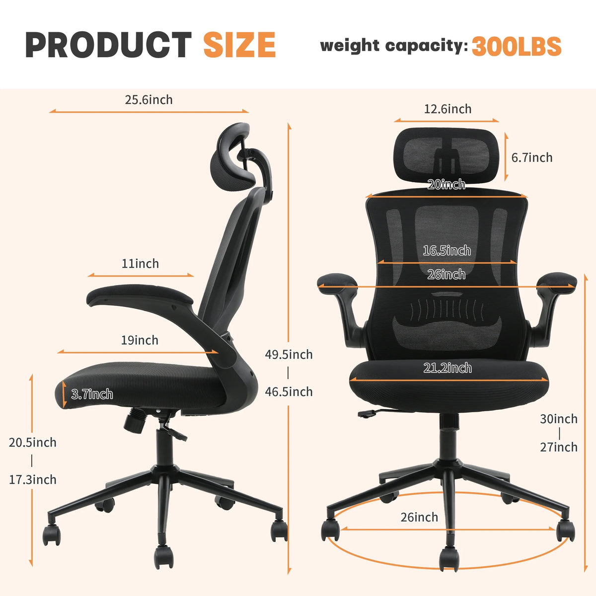 TrumanPick Ergonomic Office Chair, High Back Adjustable Computer Desk Chair with Lumbar Support, 300lb, Black