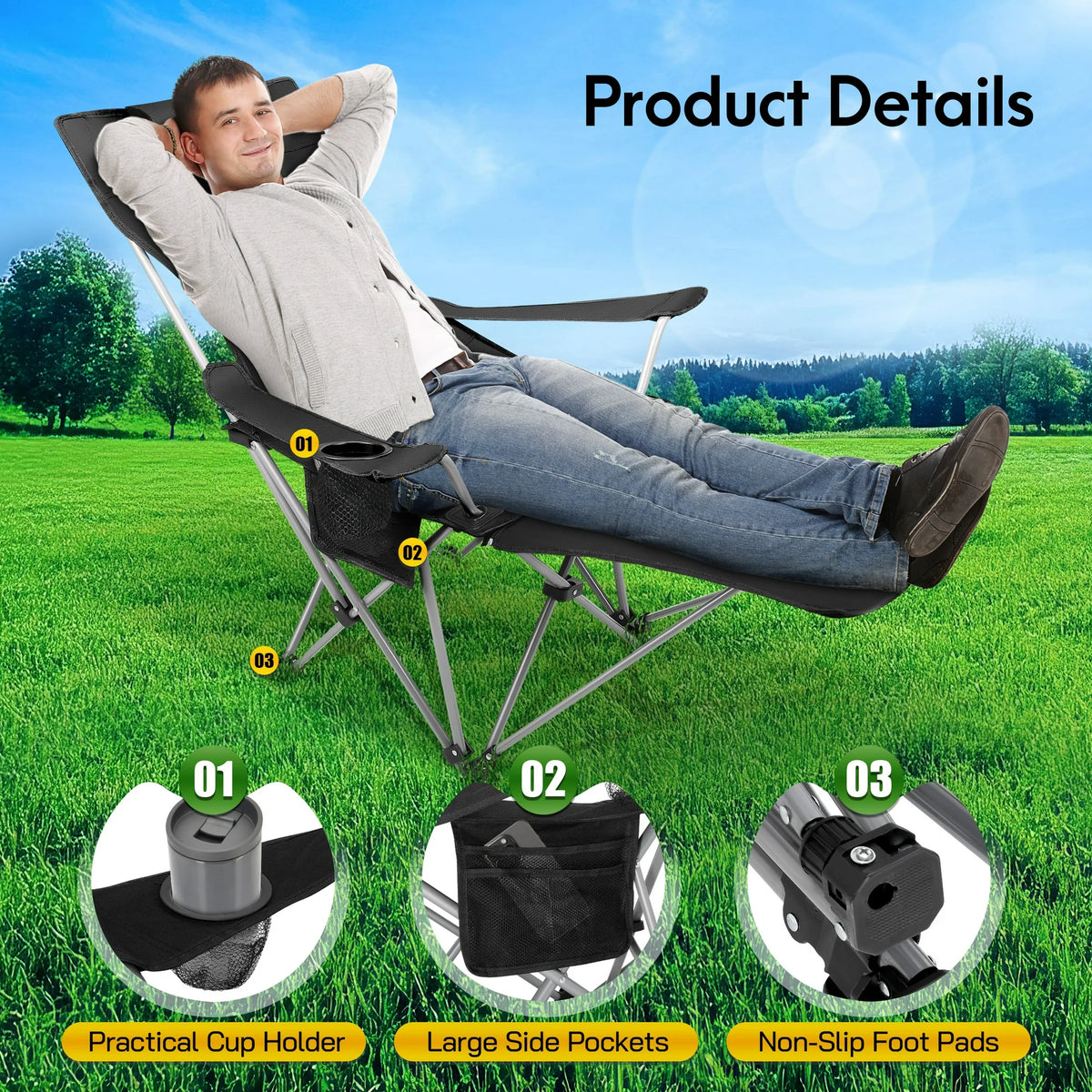 AMTPM Camping Chairs, Adjustable Folding Chairs 330lbs with Detachable Footrset for Camping Hiking Gardening Travel Beach Picnic, Adult