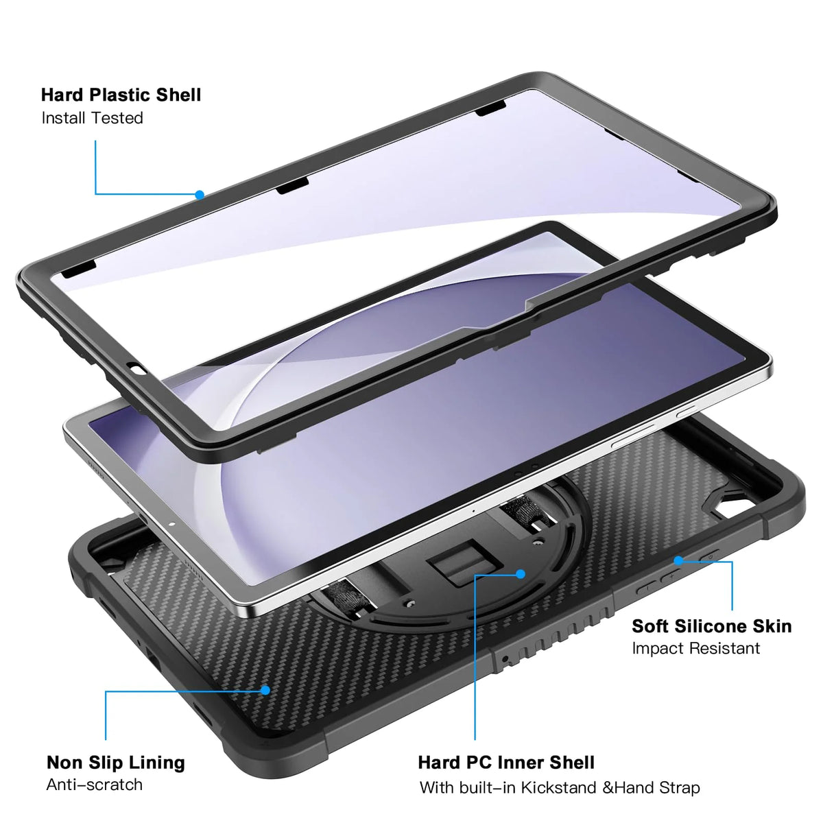 Cases for Samsung Galaxy Tab A9+/ A9 Plus 11" 2023, Shockproof Hard Duty Case with 360 Rotating Hand Strap & Stand, Shoulder Strap for SM-X210/ X216/ X218, Black