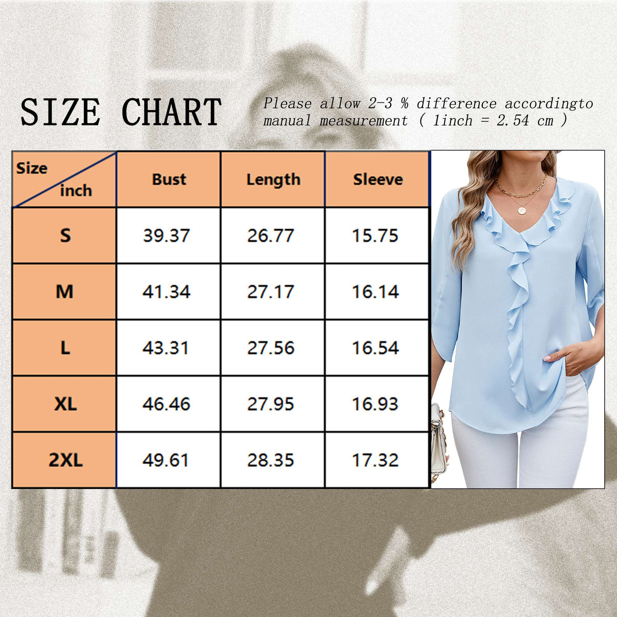 TEMOFON Women Summer Blouses Dressy Casual Ruffle V Neck Tops Comfy Chiffon Loose Fit 3/4 Sleeve Light Blue Shirts