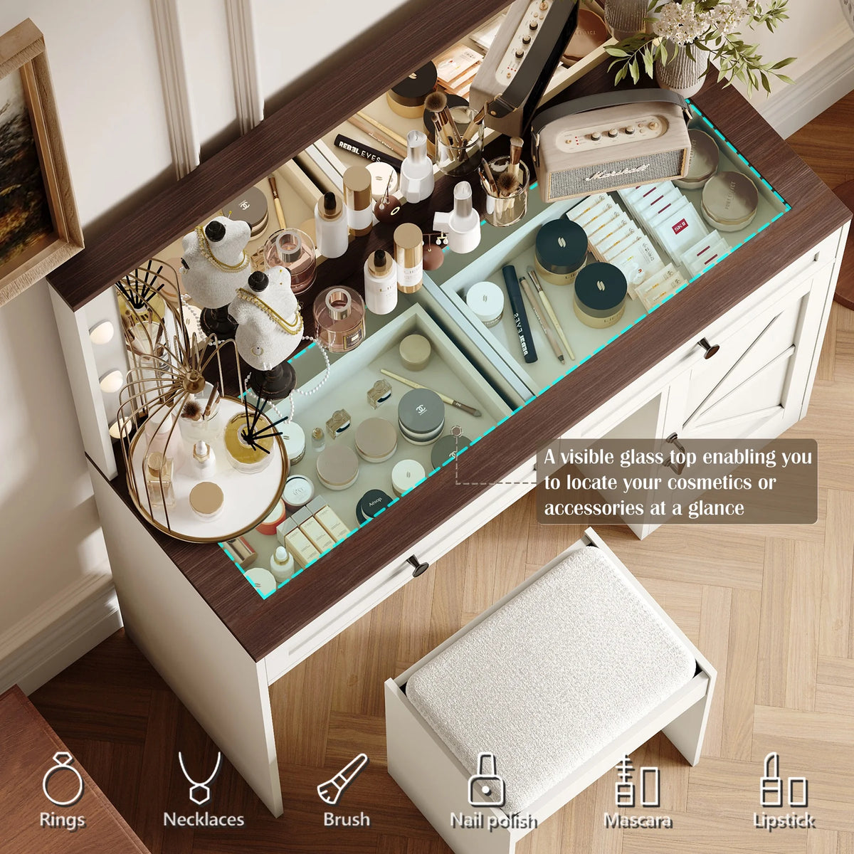 Vanity Set with Mirror and Lights, 43.4" Large Makeup Vanity Table Set for Girls, Dressing Vanity Table with Stool for Bedroom, with 2 Drawers and Visible Glass Top, White