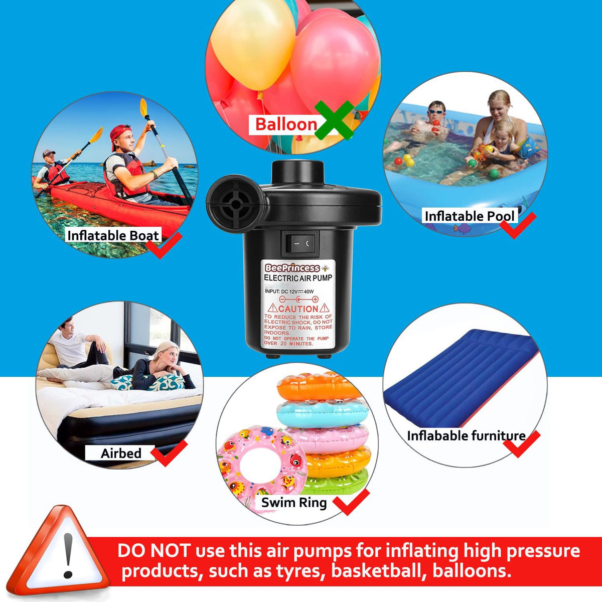 Beeprincess Electric Air Pump 3 Nozzles 110V AC 12V DC Quick Fill Inflator Deflator Inflatable Cushions Mattresses Boats Swimming Rings