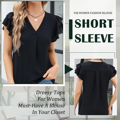VDJ Womens Blouses Short Sleeve V Neck Shirts Business Casual Drak Blue Tunic Tops Trendy Tshirts Clothing Size L