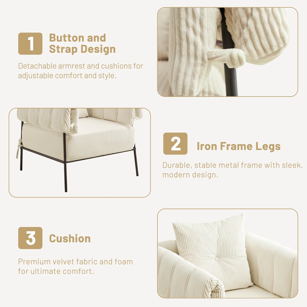 Furniliving Upholstered Accent Chair, Oversized Barrel Armchair with Thicker Seat Cushion and Pillow, Club Chair for Living Room Bedroom Makeup Room, Beige