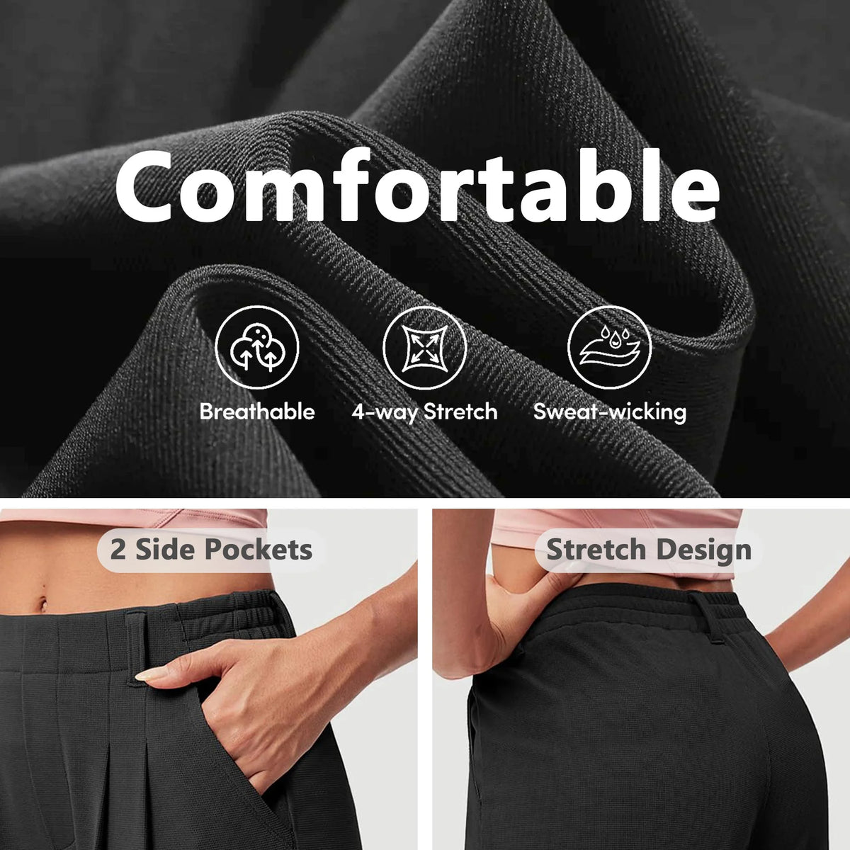TEMOFON Womens Pants Casual Wide Leg Dress Pants Black Loose Lightweight Comfort Trousers Flowy Work Dress Pant L