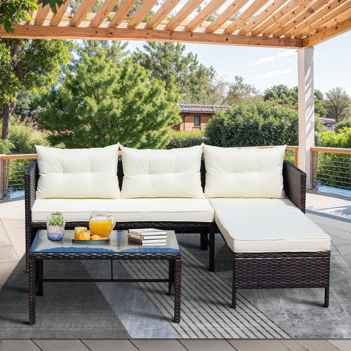 Segmart 3-Piece Outdoor Patio Furniture Sets, Wicker PE Rattan Conversation Loveseat Sofa Set with Tempered Glass Coffee Table, Sectional Couch for Porch Poolside Backyard, Beige, S8517