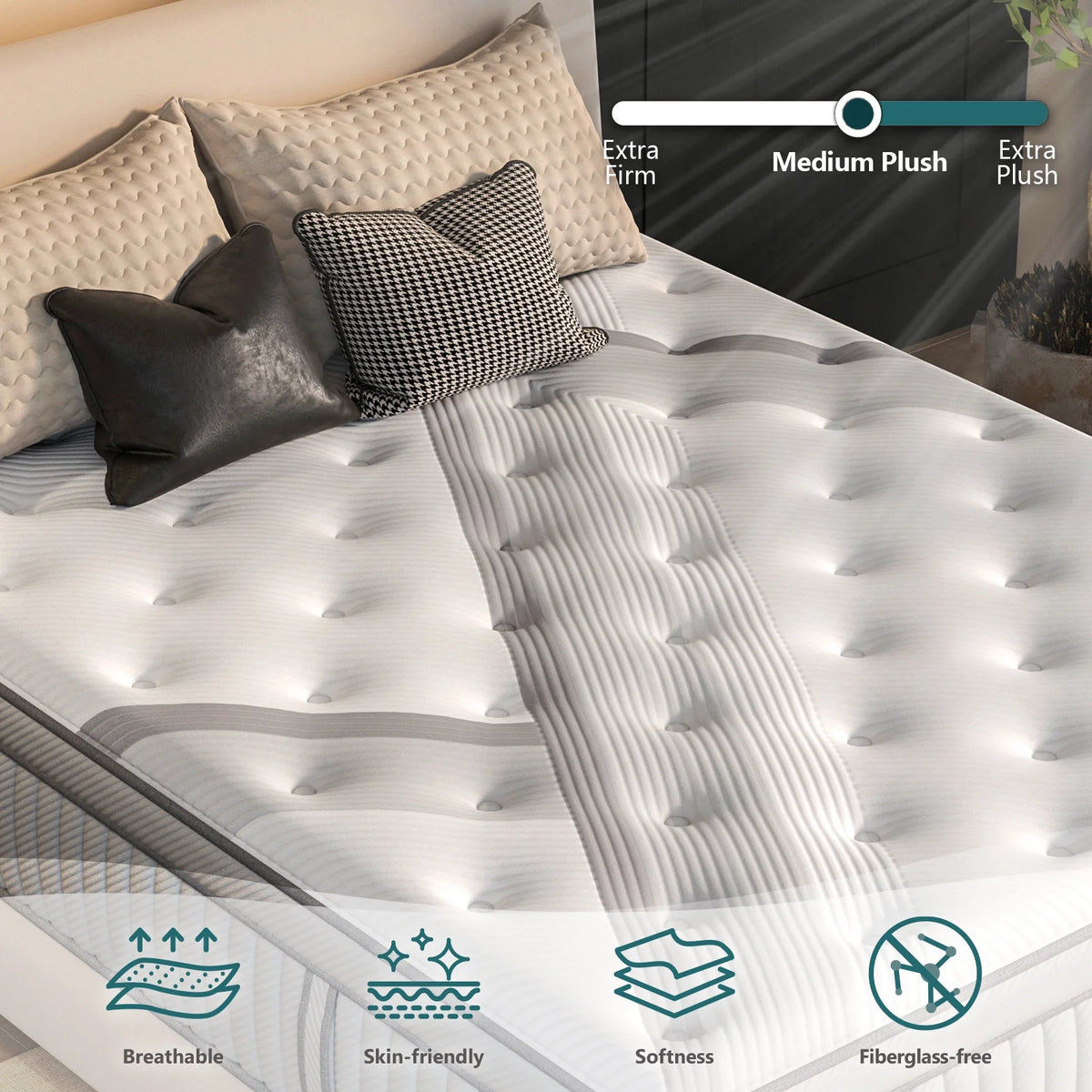 DIGLANT 14Inch Queen Supportive Memory Foam Hybrid Mattress with Soft Fabrid Cover, Individual Pocket Springs for Pressure Relief, Medium Plush Feel Queen Size Mattress, Mattresses in Box