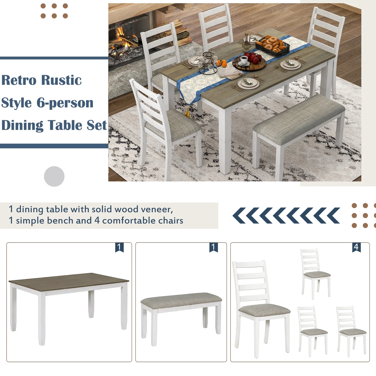 EUROCO Rustic Style 6-Piece Dining Room Table Set with 4 Upholstered Chairs & a Bench