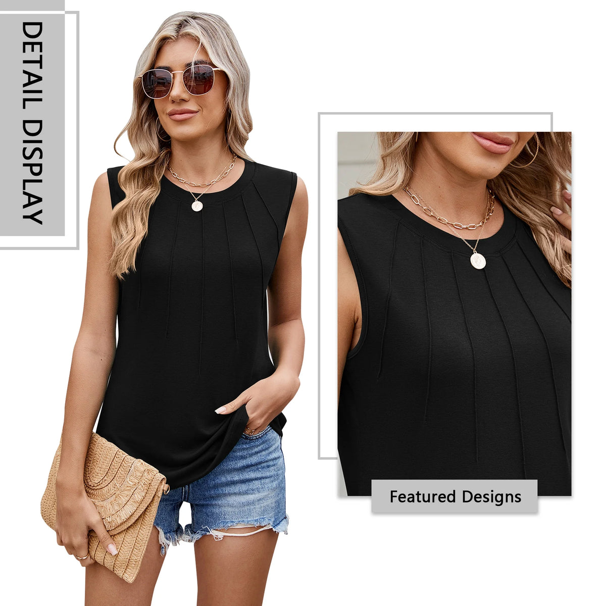 TEMOFON Tank Tops for Women Loose Fit Summer Scoop Neck Tanks Black Casual Long Muscle Tank Women with Pleats Sleeveless Flowy Tunic Tops XL