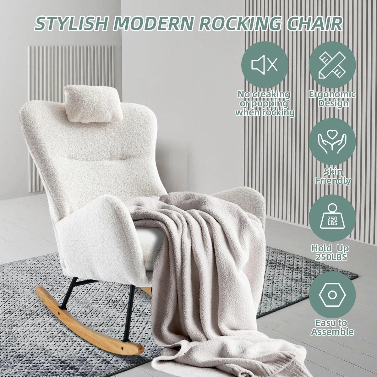 PAPROOS Modern Teddy Fabric Rocking Chair, Accent Rocker Chair with High Backrest for Nursery, Accent Glider Rocker for Living Room Bedroom Playroom，White