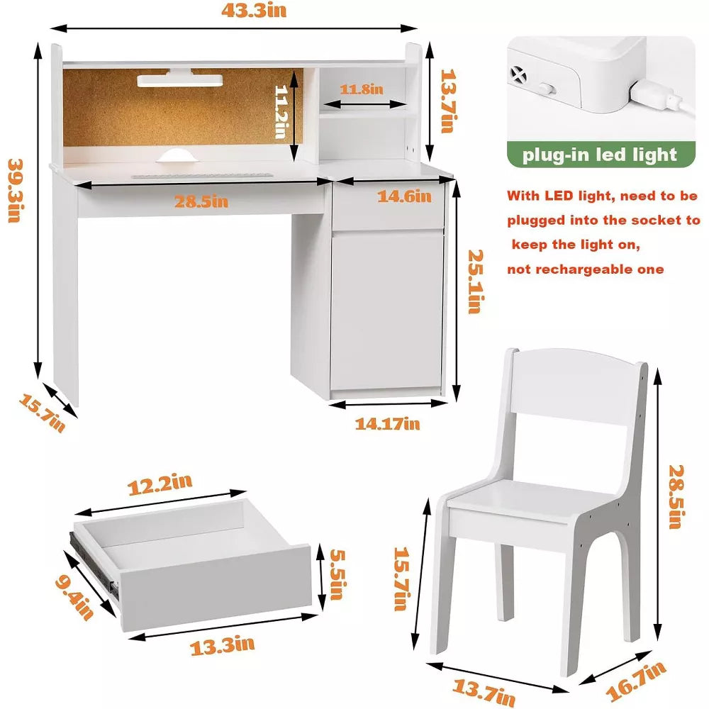 PAKASEPT 43" Kids Desk and Chair Set, Wooden Study Desk with Hutch, Storage Cabinet, LED lights, Tiltable Desktop, Writing Desk