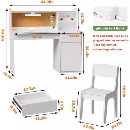 PAKASEPT 43" Kids Desk and Chair Set, Wooden Study Desk with Hutch, Storage Cabinet, LED lights, Tiltable Desktop, Writing Desk