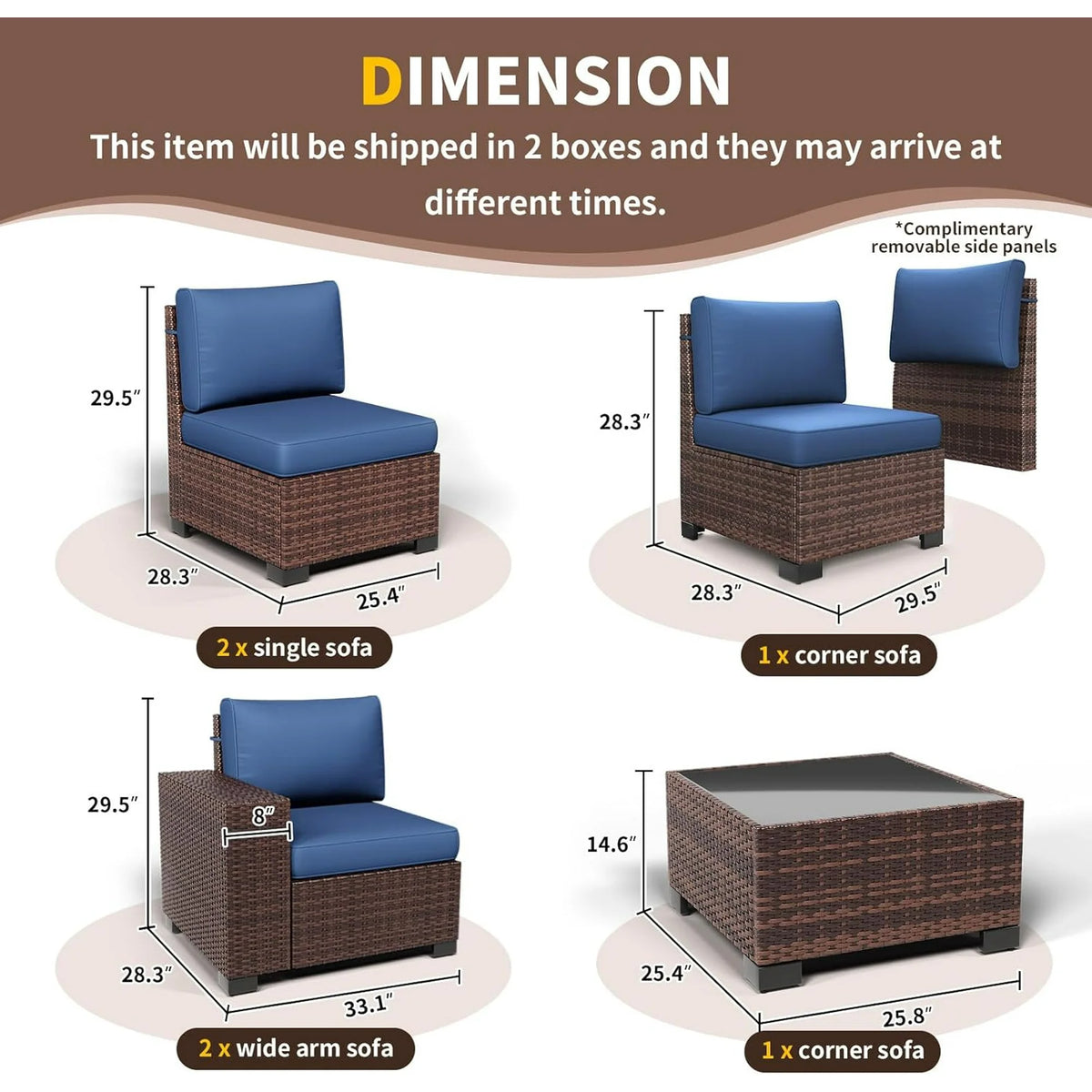 UDPATIO 6-Piece Patio Furniture Set, Outdoor Patio Sofa Set With Wide Armrest, All-Weather Wicker Rattan Guest Set With Cushion And Glass Table And Waterproof Cover, Brown & Navy Blue
