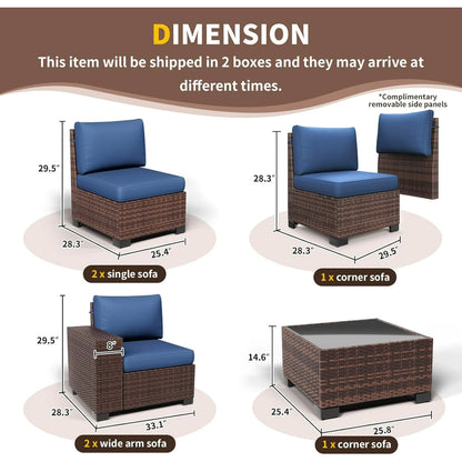 UDPATIO 6-Piece Patio Furniture Set, Outdoor Patio Sofa Set With Wide Armrest, All-Weather Wicker Rattan Guest Set With Cushion And Glass Table And Waterproof Cover, Brown & Navy Blue