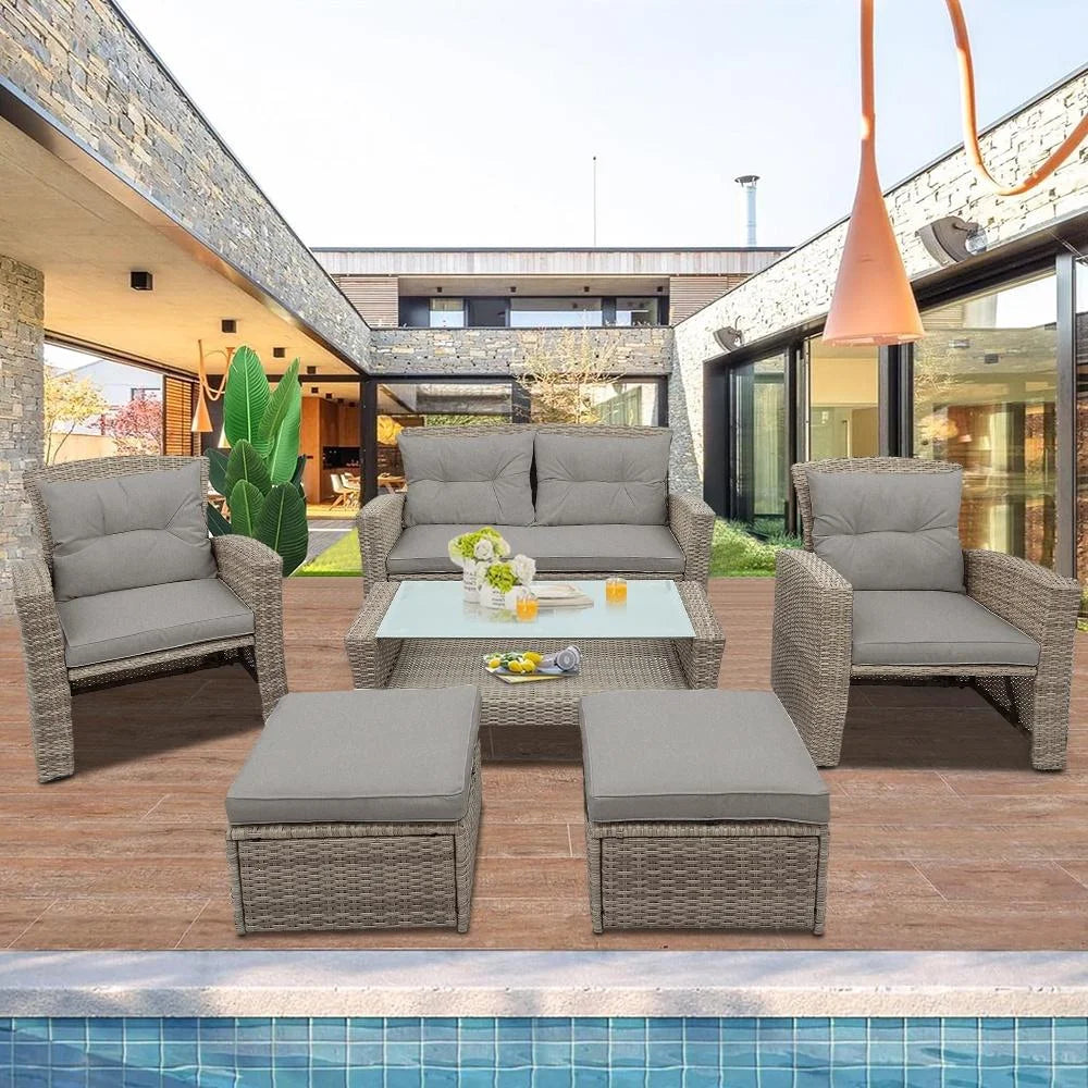 SEGMART 6 Piece Outdoor Patio Furniture Sets, All-Weather Rattan Conversation Set with Ottoman & Cushions, Outdoor Sectional Wicker Set for Backyard, Deck, Poolside, Gray
