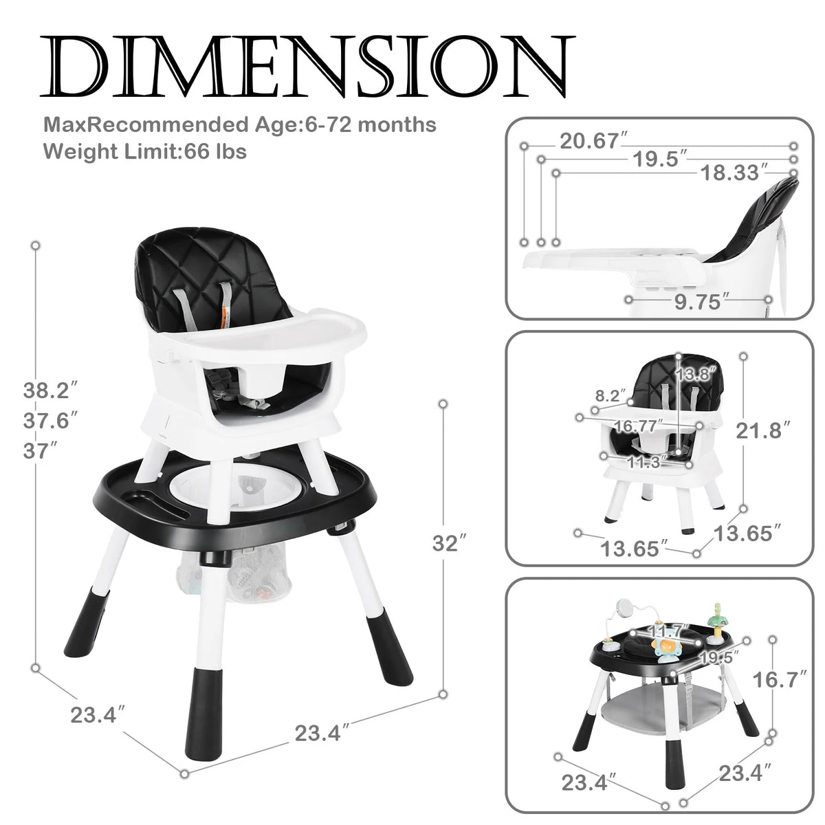 LINLUX 15 in 1 Baby High Chair, Toddler Booster Seat for Eat, Infant Dining Chair w/Stool, Black