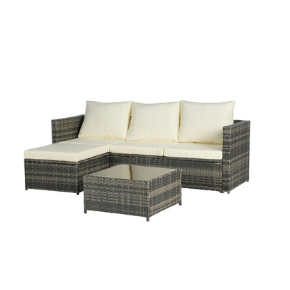 3 Piece Patio Furniture Set, All-Weather Outdoor Sectional Sofa Set, PE Rattan Conversation Set with Table & Cushions, Wicker Furniture Couch Set for Patio Deck Garden Poolside Yard, Beige