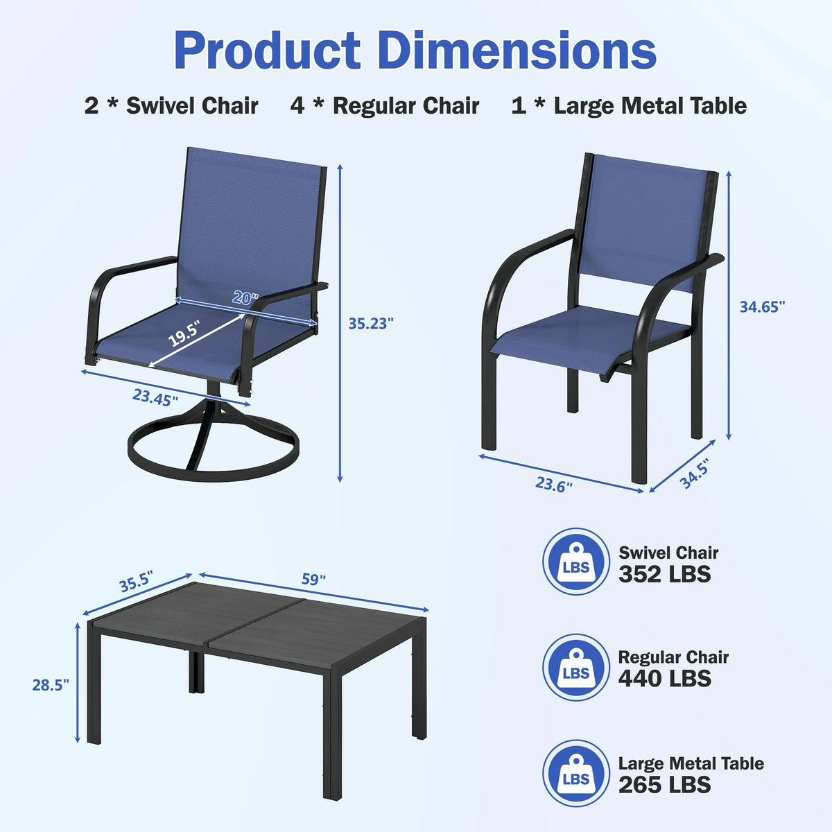 Segmart Outdoor Dining Set for 6 Person, Patio Table and Chairs Set with Textilene Armchairs, Conversation Furniture Set for Backyard, Poolside, Dark Blue