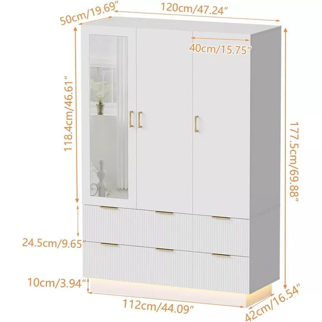 PAKASEPT 47"Wide White Armoire Wardrobe Closet with 3 Door, Mirror, LED Lights, Hanging Rod and 6 Drawers