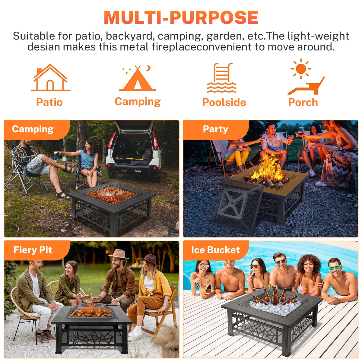 Segmart Fire Pit for Outside, 32" Outdoor Wood Burning Firepit with Fireplace Screen, Patio Fireplace Square Metal Stove for Camping, Outdoor Heating, Bonfire and Picnic, Black