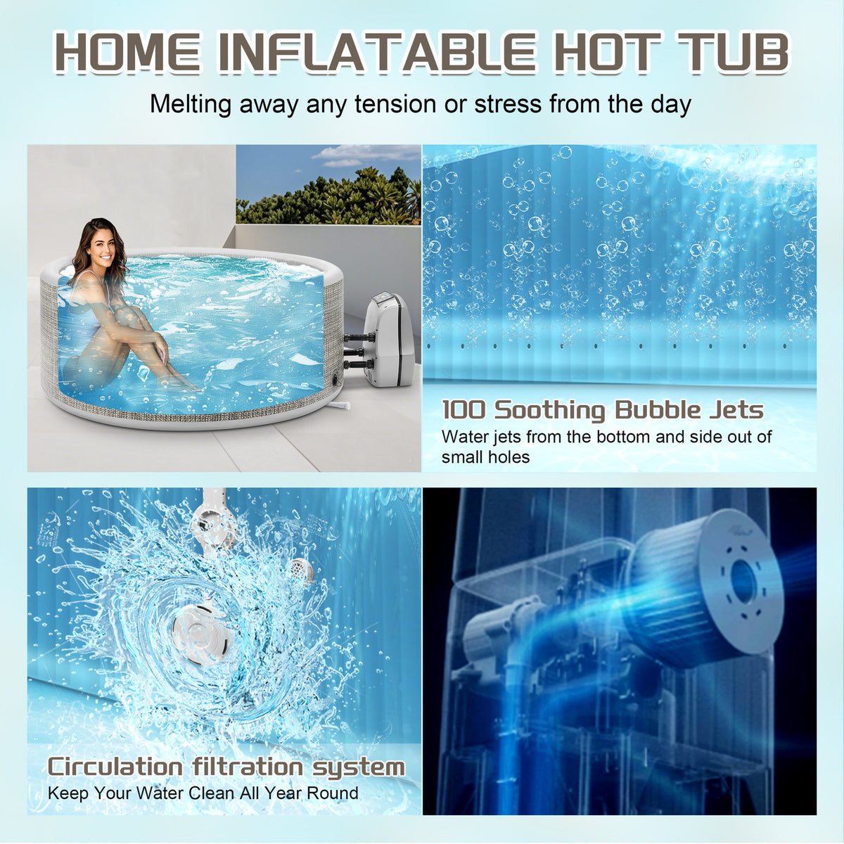 65" Inflatable Hot Tub, Segmart 3 to 5 Person Outdoor Hot Tub, Round Portable Home Spa with 100 Soothing AirJets, Lockable Cover, and Storage Bag, Max. 104