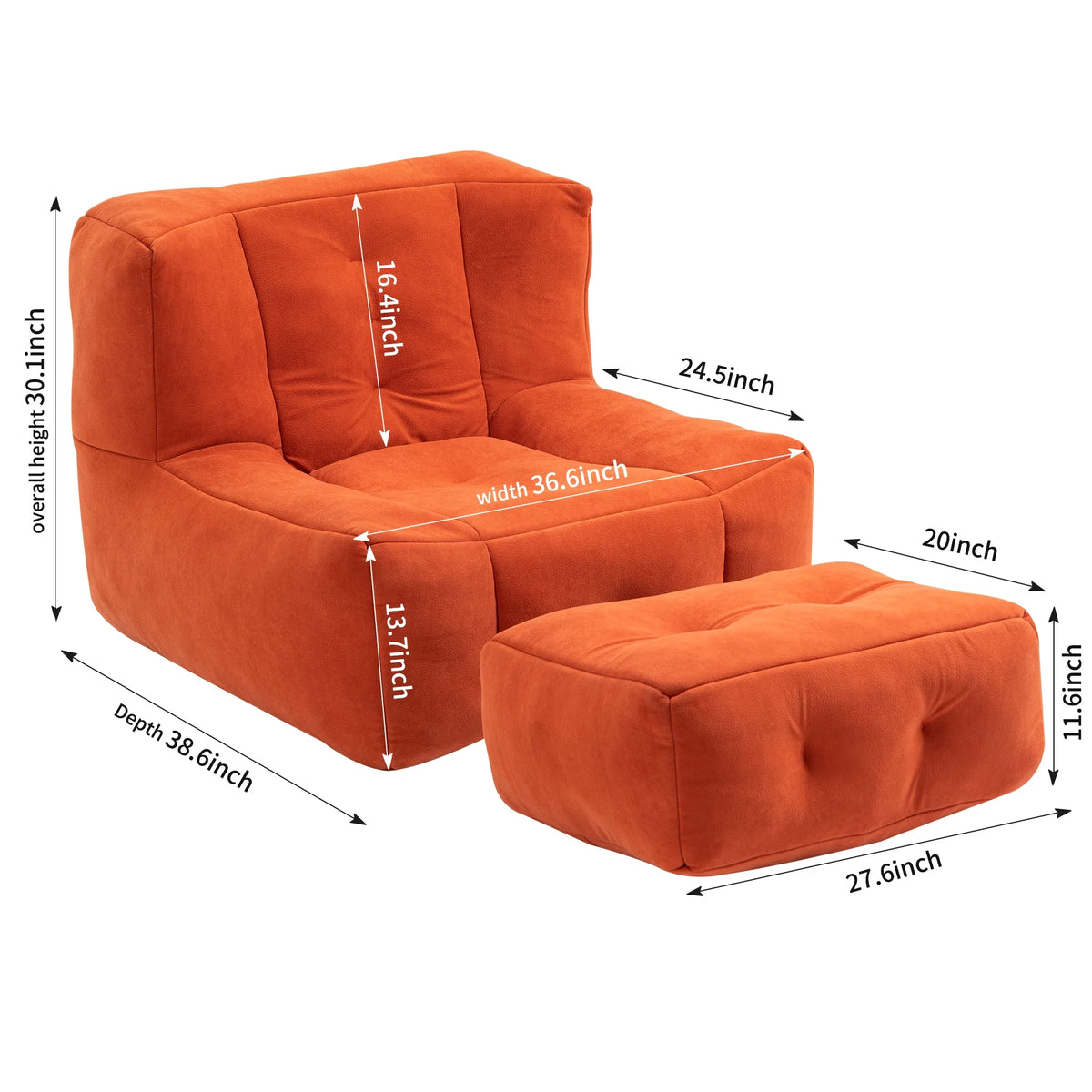 PORKISS Oversize Bean Bag Chairs with Ottoman, Memory Foam Soft Lazy Sofa for Adults and Kids, Velvet Red