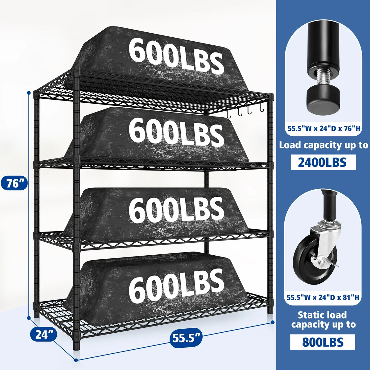 TrumanPick 4-Tier Movable Storage Rack, 55.5''W x 24''D x 76''H Heavy Duty Adjustable Wire Shelving Rack for Garage 2400 lbs Capacity, Black