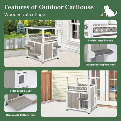 PETSCOSSET Outdoor Cat House 2 Story Wooden Houses for Outside Feral Cats Weatherproof Indoor Cat Condo with Large Balcony 2 Escape Doors to Enhanced Safety, Easy Slide Bottom, Simple Assembly