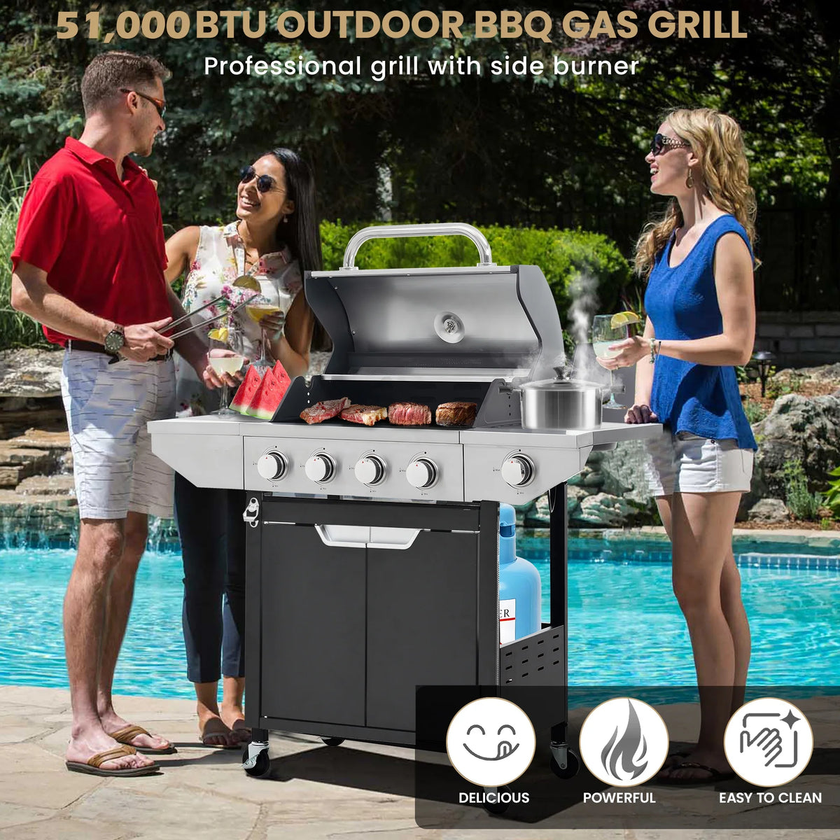 4-Burner Propane Grill Griddle Combo, 51,000BTU Gas Grill w/Side Burner for Outdoor BBQ Camping, Stainless Steel Portable Grills Outdoor Cooking W/Enameled Cast Iron Griddle