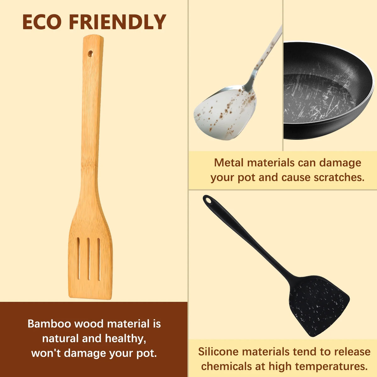 Wooden Spoons for Cooking, AOKIWO 6Pcs Banboo Spatula Spoon Tongs Utensils Set for Kitchen Cookware