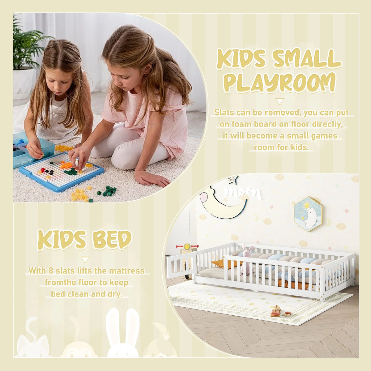 Segmart Wooden Twin Bed for Kids - Toddler Floor Bed Frame with Removable Guard Rails, Kids Bed for Ages 2-7 Years, Kid Bed for Girls and Boys, Standard Crib Size(Mattress Not Included), White