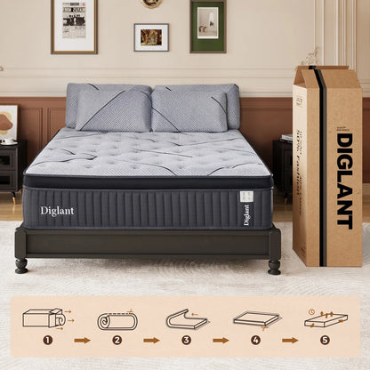 Queen Mattress, 14Inch Cooling Gel Memory Hybrid Medium Plush Mattress, Queen Size Individual Pocket Spring Mattress in Box, CertiPUR-US,10 Years Support
