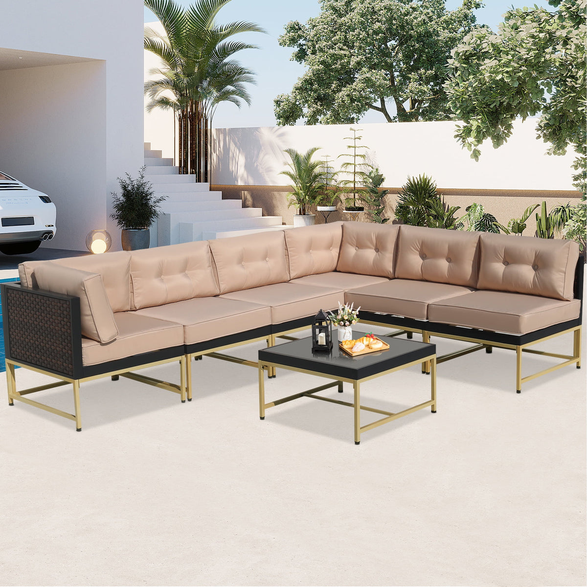 7 Piece Outdoor Patio Furniture Set, Modular Outdoor Sectional Sofa Set with Removable Cushions, PE Rattan Conversation Sets with Coffee Table, Brown