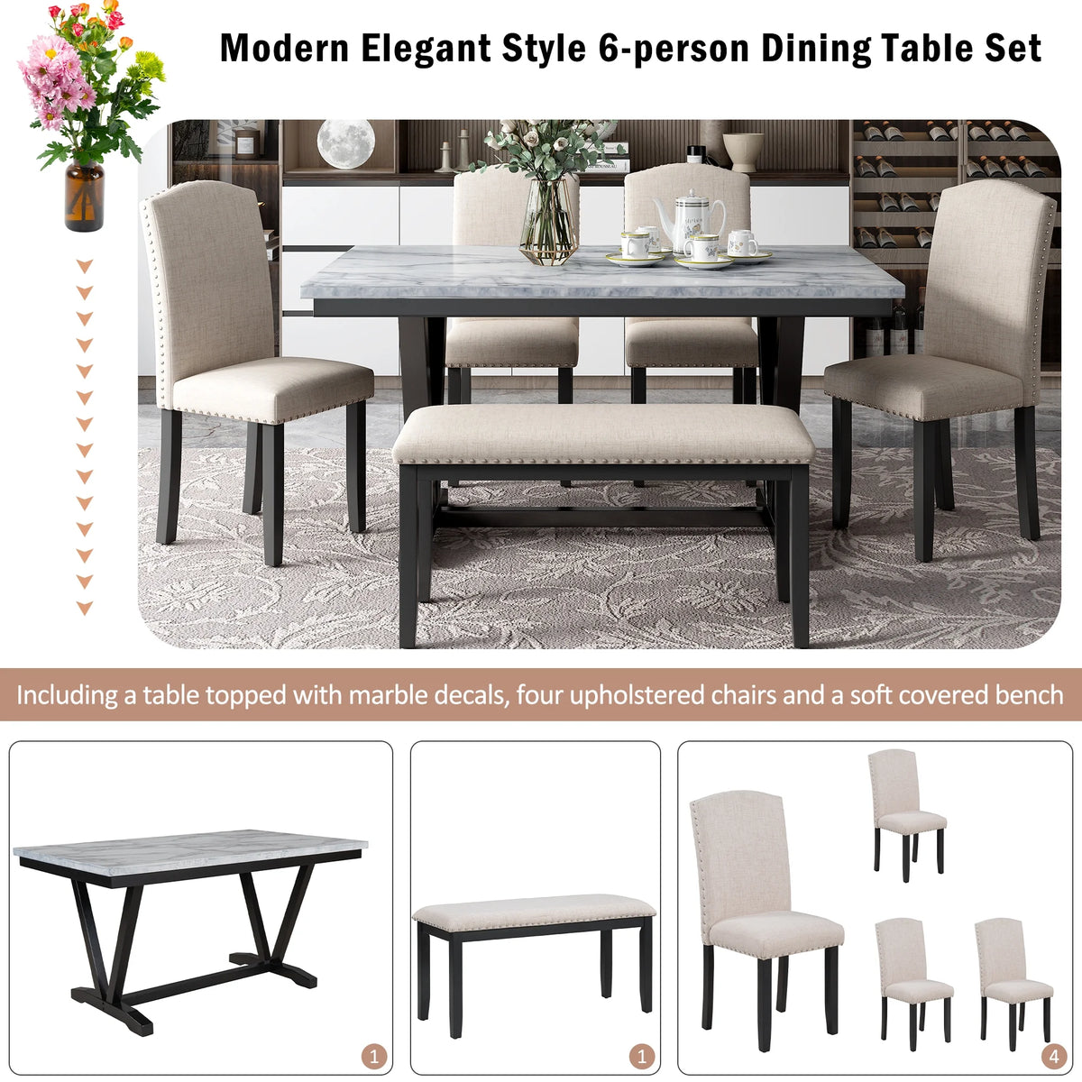 EUROCO 60" 6-Piece Dining Table Set,Dining Room Set with Marbled Tabletop,V-shaped Table Legs,Bench and 4 Cushioned Chairs,Solid Wood Rectangular Table and Chair Set, Kitchen Table Set