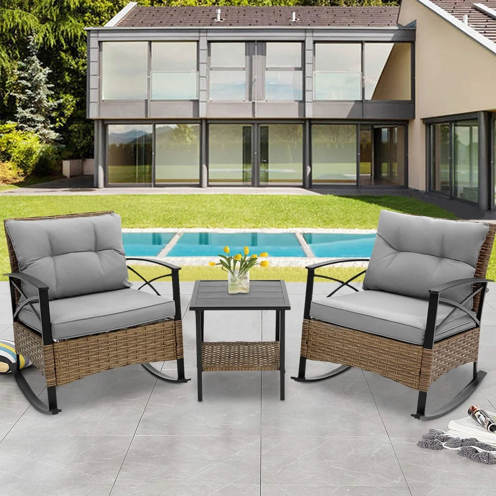 3 PCS Rocking Bistro Set, Outdoor Patio Porch Furniture Sectional Chairs with Tea Table, PE Rattan Patio Furniture Conversation Set for Lawn Pool Courtyard Garden Balcony