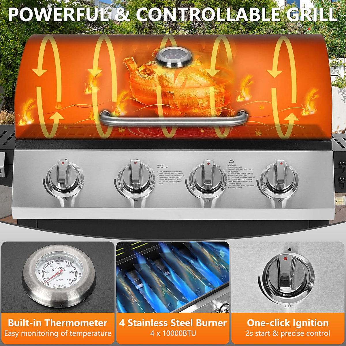 40,000BTU Grill w/Brush, 4-Burner Propane Gas Grill Stainless Steel, Outdoor Camping BBQ Grill on Wheels Portable for Patio Poolside RV