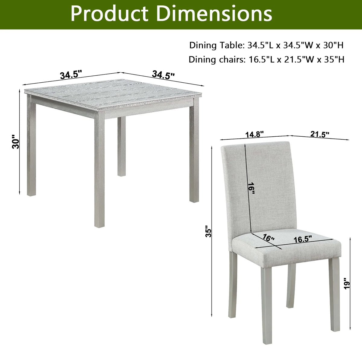 PORKISS Dining Table Set for 4, Dining Room Set with 1 Square Table 4 Upholstered Chairs, Gray