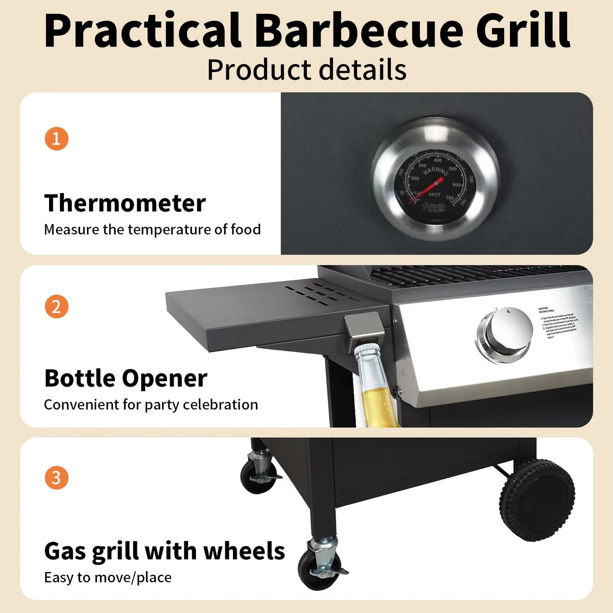 Segmart 3 Burner BBQ Propane Gas Grill, Stainless Steel 30,000 BTU Patio Garden Barbecue Grill with Side Tables, Hanging Basket & Thermometer, Perfect for Camping, Outdoor Cooking