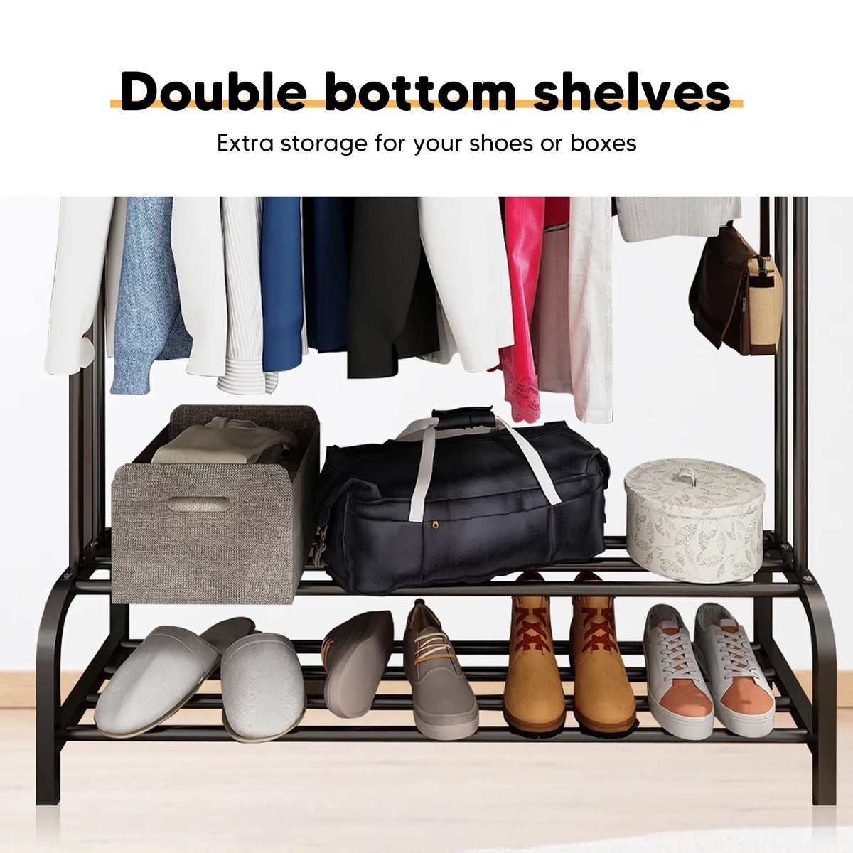 Heavy Duty Clothing Garment Rack, Freestanding Hanger Double Rail Clothing Rack Multi-functional Bedroom Wardrobe Clothes Organizer Stand Double layer 2 Shoe Shelves